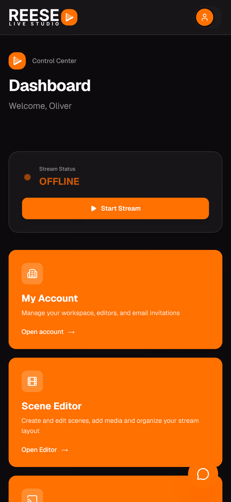 Dashboard interface to start streams, track real-time data, and configure multistreaming destinations REESE Live Studio control dashboard shown in a phone mockup