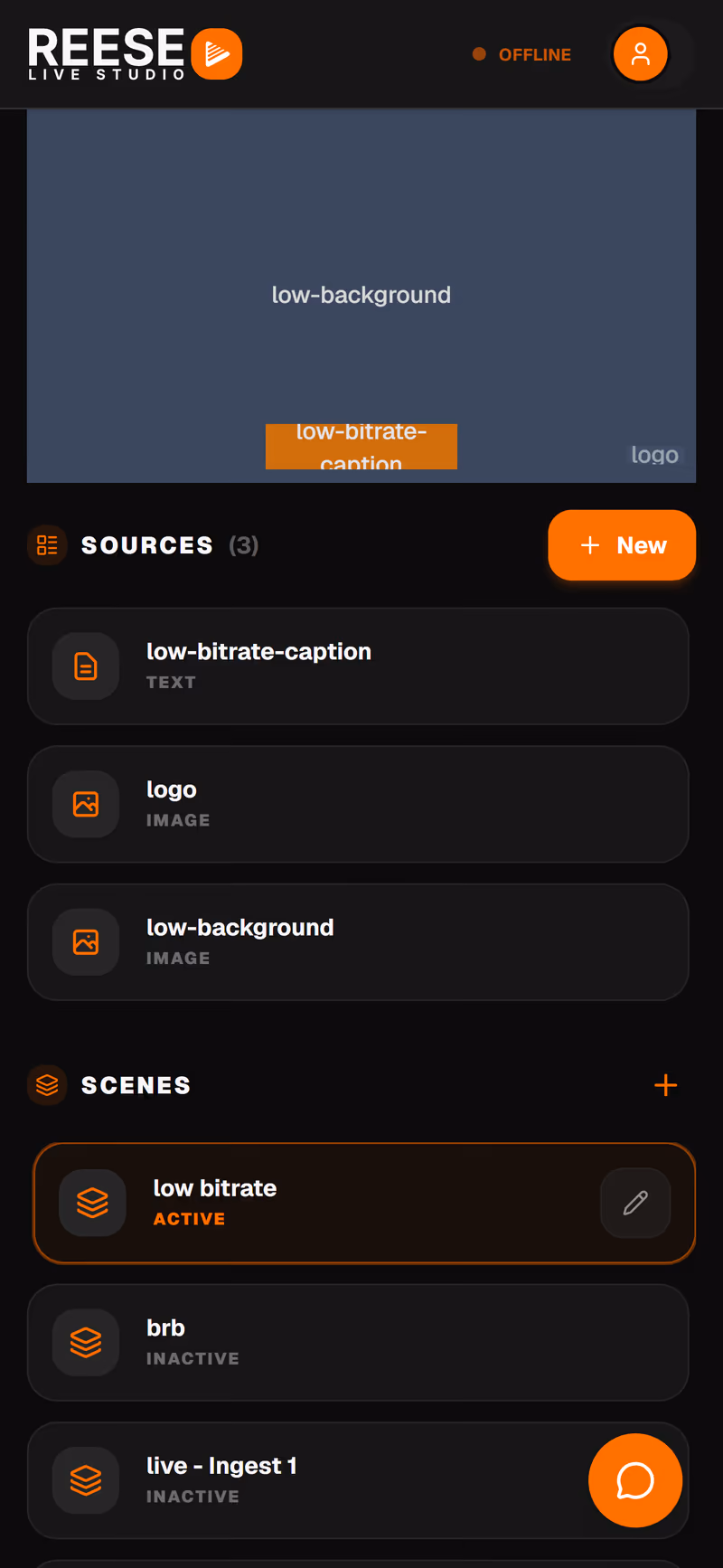 Editor to switch scenes, create break screens, and add ingests, videos, images, and dynamic overlays REESE Live Studio web scene editor shown in a phone mockup