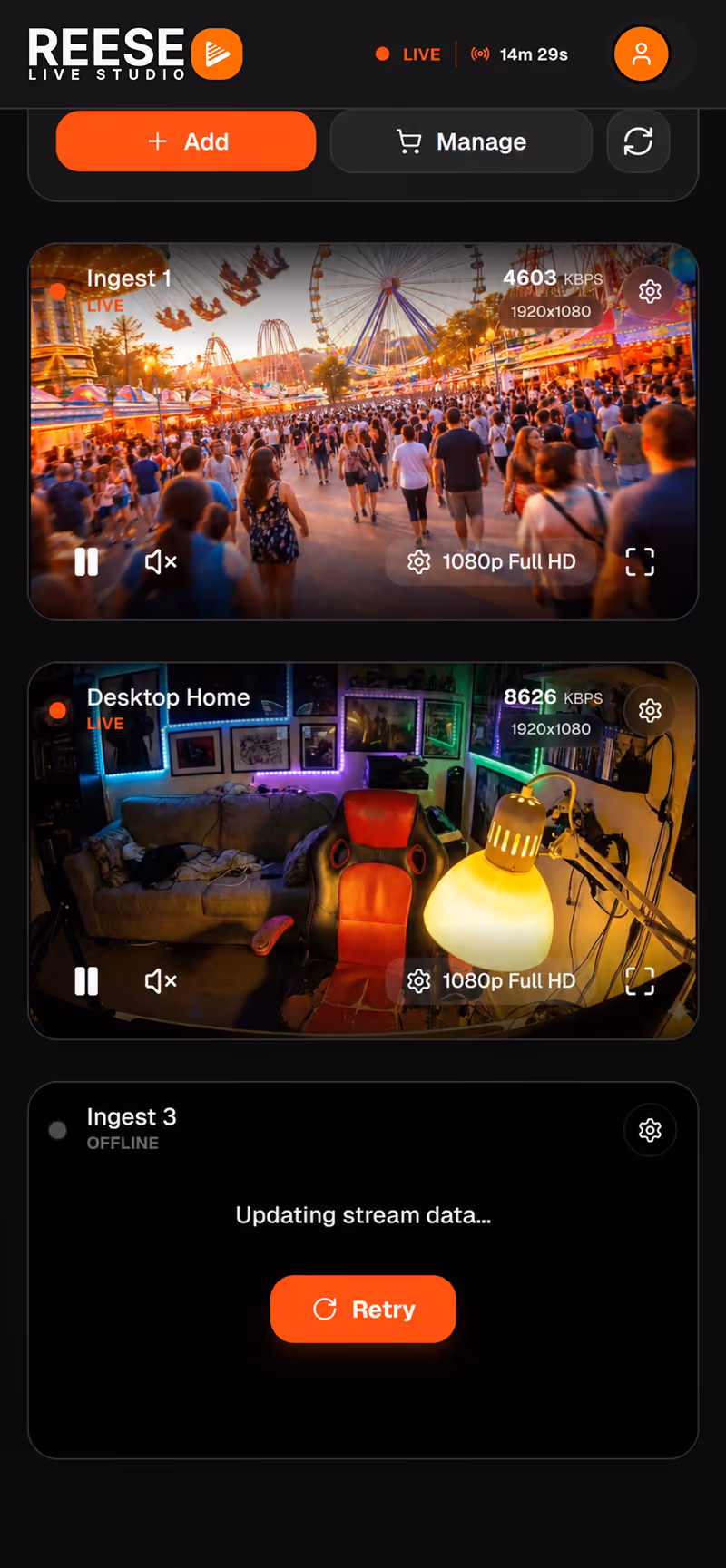 Screen to create ingests, copy RTMP or SRT keys, and monitor live preview, bitrate, and audio quality REESE Live Studio ingests and monitoring screen in a phone mockup